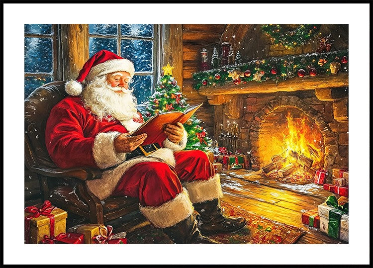 Poster Weihnachtsmann liest am Kamin