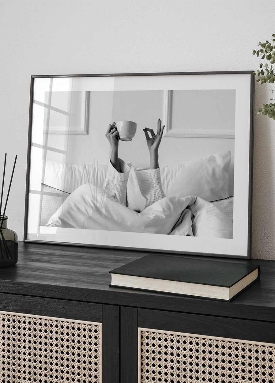 Woman With Coffee Cup On The Bed Plakat - Posterbox.no