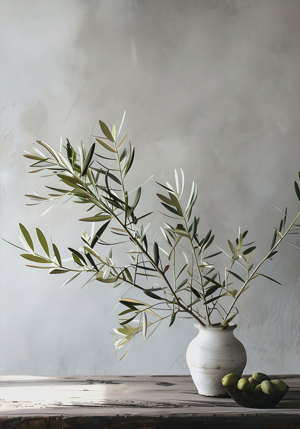 a white vase filled with green olives on top of a wooden table