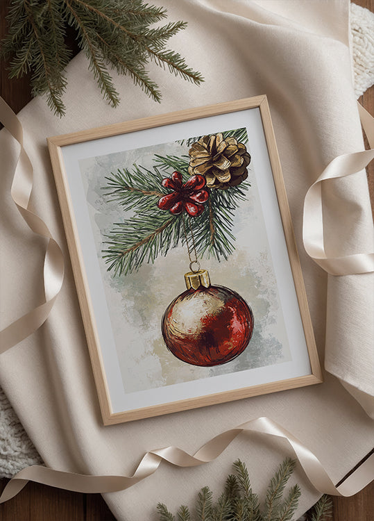 Poster Aquarell Weihnachtskugel auf Tannenzweig 